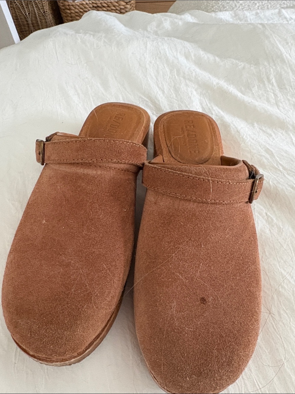 Re/Done Suede Clog Mules in Chestnut Brown